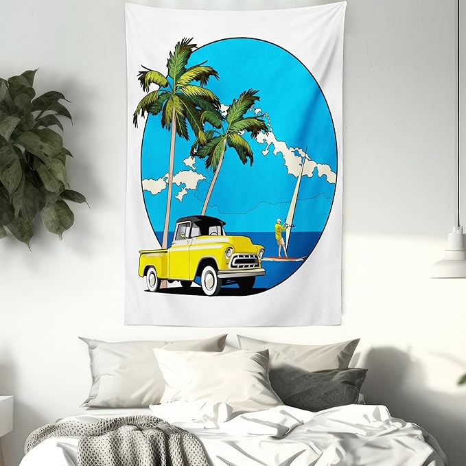 Ambesonne Retro Tapestry, Graphic Design Nostalgic Chevy Car a Sailer Guy in the Ocean Palms Vivid Sky Seaside, Wall Hanging for Bedroom Living Room Dorm Decor, 40" X 60", White Blue