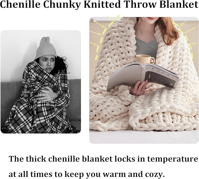 Green Throw Blanket, 30" x 40" Chunky Knit Blanket, Handmade Warm & Soft Chenille Throw Blanket, Washable Decorative Knit Blanket with Jumbo Chenille Yarn for Couch Bed Sofa