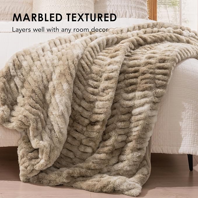 EVERGRACE Luxurious Soft Faux Rabbit Fur Throw Blanket, Cozy Fuzzy Plush Warm Throws for Couch Bed Sofa Chair Home Decor, Ruched Bubble Fluffy Blanket with Reversible Velvet, 60" x 80", Beige