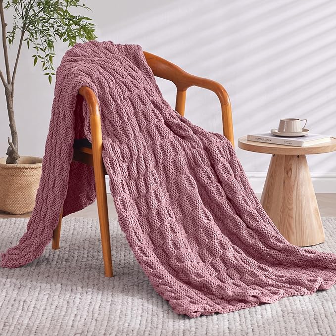 Knitted Weighted Blanket Kids, No Beads Heavy Blanket 36” x 48'' 3lbs, Breathable Chunky Knit Blanket, Cooling Weighted Blanket for Hot Sleepers, Christmas Home Decor (Pink)