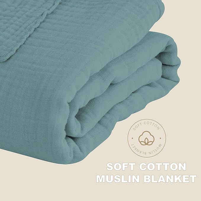 Cosy Family 6 Layer Muslin Bed Blanket - Breathable and Lightweight Gauze Boho Blanket for Spring, Soft 100% Cotton Muslin, Green, 55x80 Inches