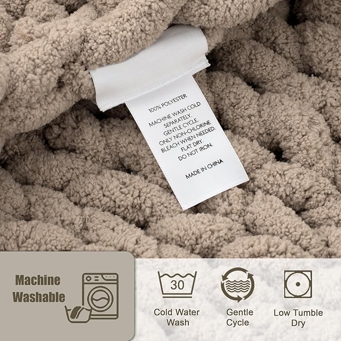 Chunky Knit Throw Blanket 50"X 60", 100% Handmade with Soft Chenille Yarn, 4.4lbs Thick Cable Knitted Blankets, Large Rope Knot Crochet Throws for Couch Sofa Bed Home Decor, Taupe