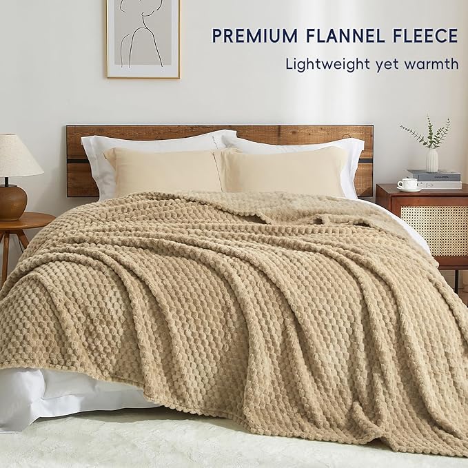 PHF Ultra Soft Flannel Fleece Blanket Twin Size, Lightweight 3D Jacquard Fleece Blanket, No Shedding, No Pilling, Luxury 340GSM Fluffy Cozy Bedding for Bed Room Decor, 66"x90", Camel/Light Khaki