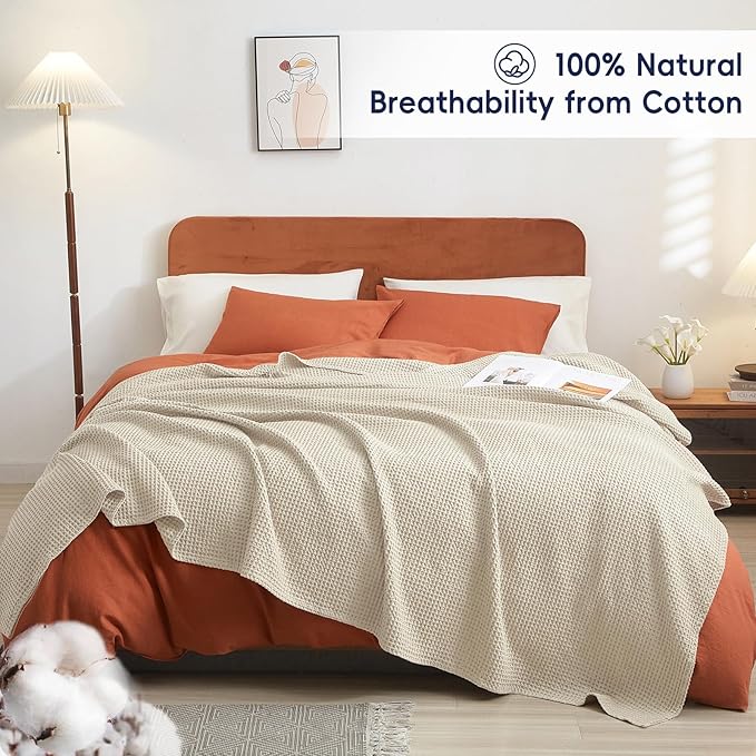 PHF Pre-Washed Cotton Waffle Weave Blanket Queen Size for Bed,Snag Proof Lightweight Breathable Throw for Couch Spring Summer, Oeko-TEX Certified,Machine Washable, Home Decor Gift-Linen/Stone