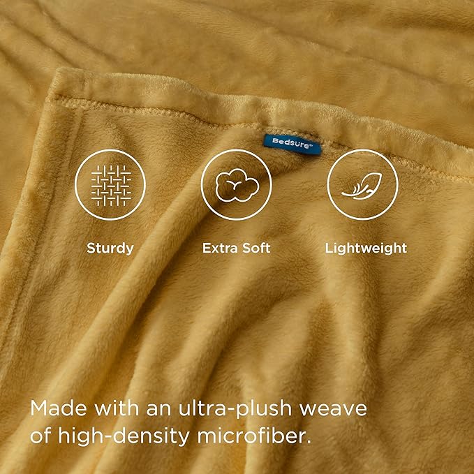 Bedsure Fleece Blanket Queen Blanket Gold Yellow - Bed Blanket Soft Lightweight Plush Fuzzy Cozy Luxury Microfiber, 90x90 inches
