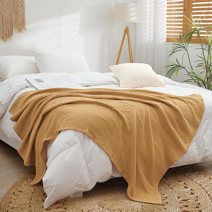 PHF 100% Cotton Muslin Throw Blanket 50" x 60", 4-Layer Lightweight and Breathable Blanket for Summer, Luxuriously Soft Gauze Throws for Couch, Natural Minimalism Style, Ideal Gift, Honey Yellow