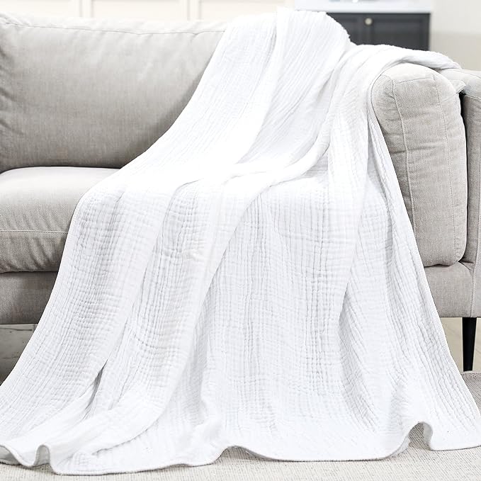 Yoofoss Muslin Blanket 100% Cotton Throw Large 50" x 60" for Bed Couch Summer Gauze Blanket for Adults Lightweight and Breathable White