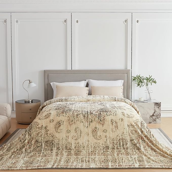 Oversized Vintage Pattern Blanket 120x120 Inches, Giant 10'x10' for Bed, Travel, and Camping, Extra Large Soft Blanket for The Whole Family and Outdoor,Beige