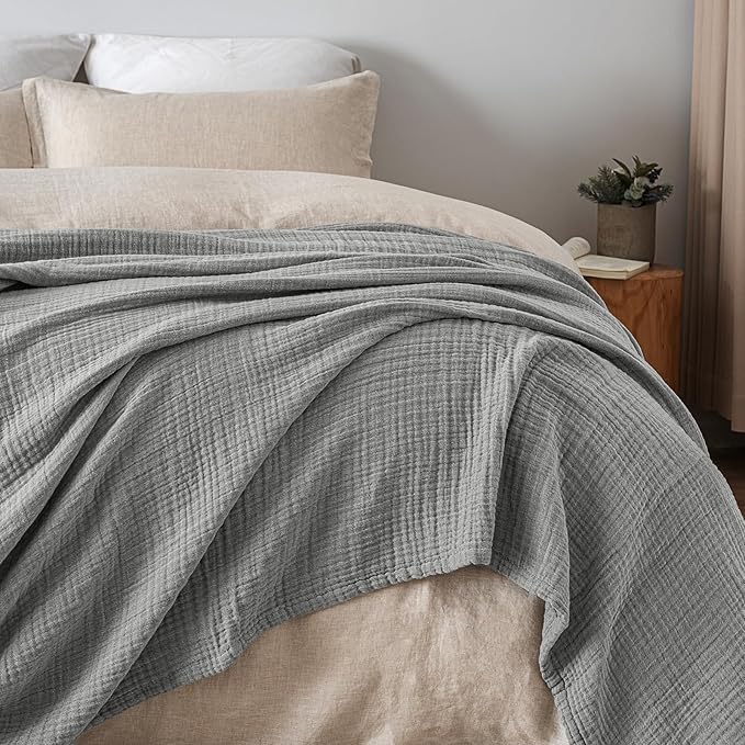 PHF 100% Cotton Muslin Blanket Queen Size 90" x 90", 4-Layer Lightweight and Breathable Blanket for Summer, Luxuriously Soft Gauze Bedding for Bed, Natural Minimalism Style, Ideal Gift, Grey
