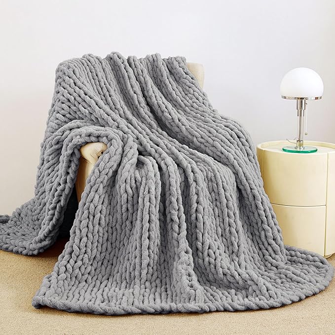Admitrack Chunky Knit Blanket Throw, 100% Hand Knit Chenille Throw Blanket for Sofa & Home Decor, Soft and Cozy Knitted Throw Blankets (Dark Gray,51""x63""), XNR08