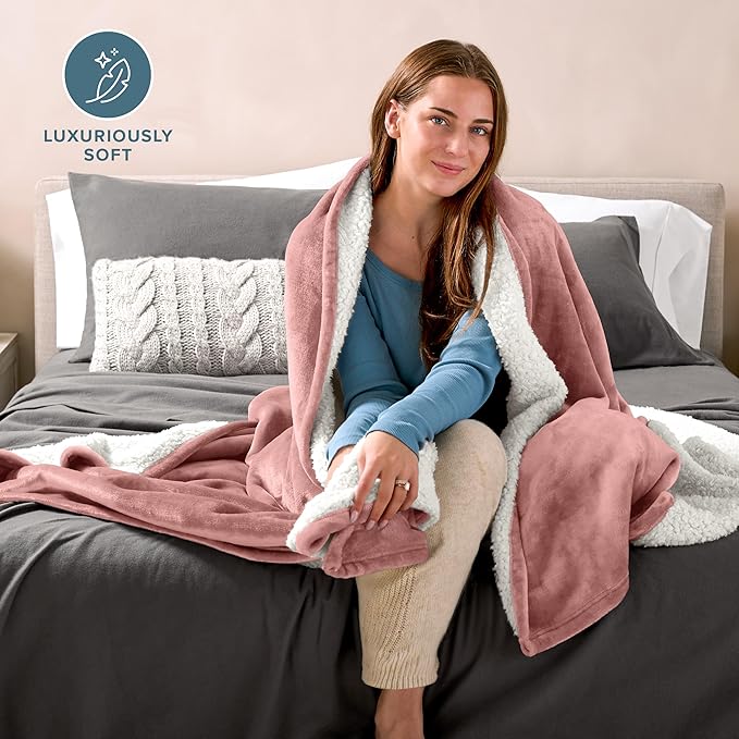 Bare Home Sherpa Fleece Blanket - Full/Queen Size - Blanket for Bed, Sofa, and Couch - Warm & Lightweight - Fluffy & Soft - Reversible (Full/Queen, Old Rose)