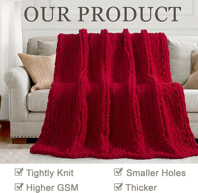 Chunky Knit Throw Blanket 60"X 80", 100% Handmade with Soft Chenille Yarn, 4.4lbs Thick Cable Knitted Blankets, Large Rope Knot Crochet Throws for Couch Sofa Bed Home Decor, Red