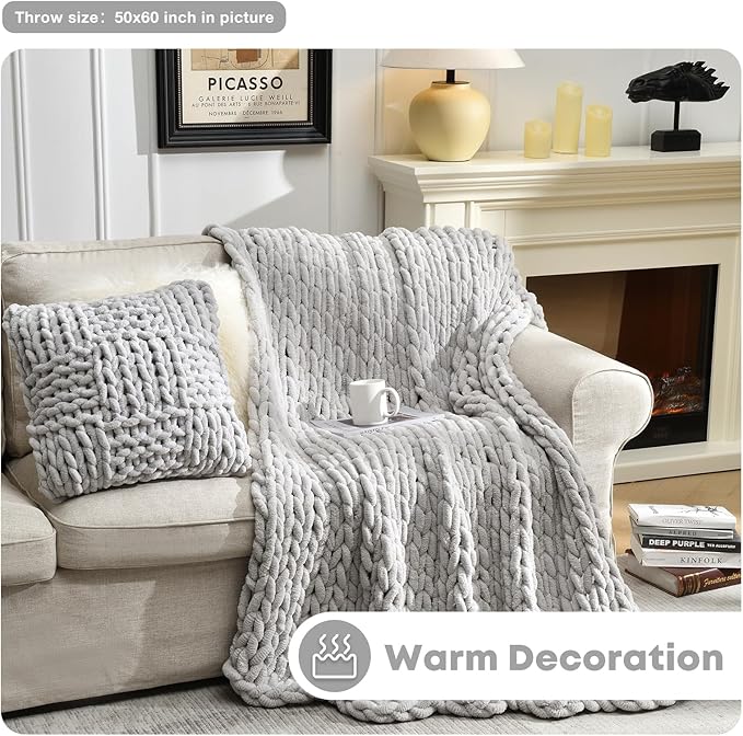 Soft Chunky Knit Blanket, 60X80In Handmade Thick Chenille Yarn Throw Without Shedding & Raveling, Aesthetic & Cozy Home Decor with Couch Sofa Bed, Gift Pack, Light Grey
