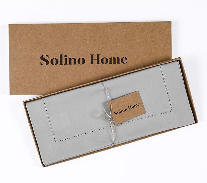 Solino Home Light Grey Table Runner 60 Inches - Cotton Linen Hemstitch Coffee Table Runner 14 x 60 Inch Ideal for Dresser Tables - Summer, Fall, Autumn, Halloween