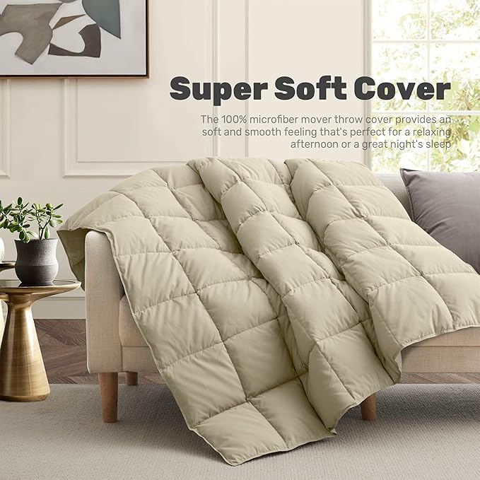 Soft Lightweight Down Blanket for Bed Sofa Couch Indoor and Outdoor Use, Warm and Fluffy Throw Blanket, Beige, Queen Size (90"X88")