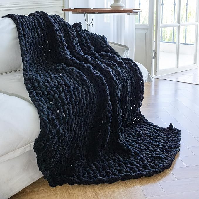 Chunky Knit Blanket - Luxury Soft Cozy Queen Size(50 * 60) Throw Blanket,100% Woven Blanket Rope Knot Throw Blanket for Couch, Sofa, Home Decor, Gift - Machine Washable(Black)