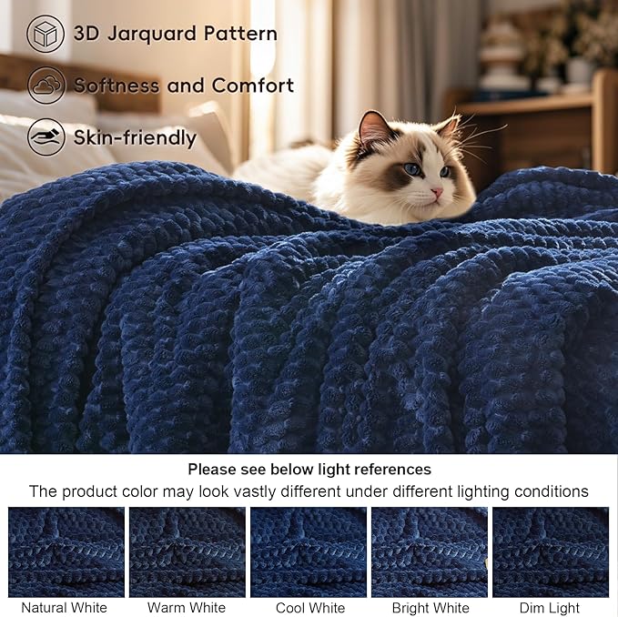 PHF Ultra Soft Flannel Fleece Blanket King Size, Lightweight 3D Jacquard Fleece Blanket, No Shedding, No Pilling, Luxury 340GSM Aesthetic Fluffy Cozy for Bed Room Decor, 108"x90", Navy Blue