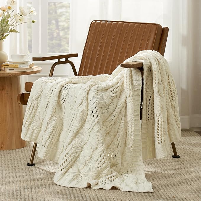 Amélie Home Chunky Knit Chenille Throw Blanket, Breathable Cable Knitted Blanket for Couch, Farmhouse Decorative Throw for Sofa Chair Bed, 50"x60", Ivory