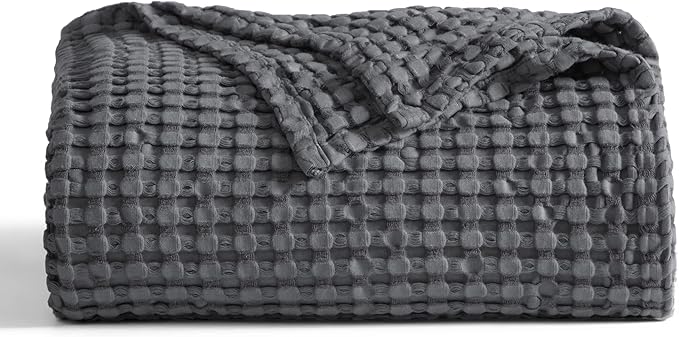 Bedsure Cooling Cotton Waffle Full Size Blanket - Lightweight Breathable Blanket of Rayon Derived from Bamboo for Hot Sleepers, Luxury Throws for Bed, Couch and Sofa, Dark Grey, 80x90 Inches