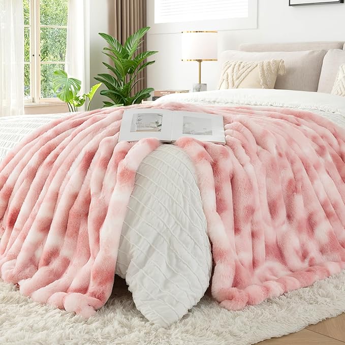 Touchat Luxury Faux Rabbit Fur Twin Blanket for Couch, Super Heavy Warm Cozy Throw for Sofa Bedroom Living Room, Ultra Soft Fluffy Reversible Plush Blankets for Home Decor Gifts, Tie-dye Pink