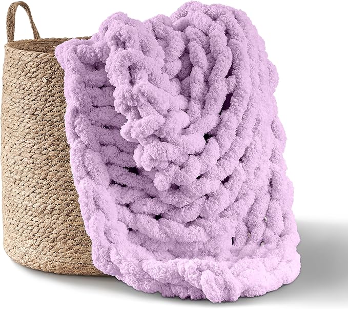 Adyrescia Chunky Knit Blanket Throw | 100% Hand Knit with Jumbo Chenille Yarn (50"x60", Pale Purple)