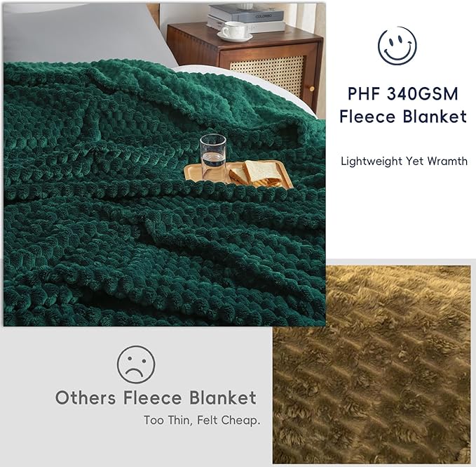 PHF Ultra Soft Flannel Fleece Blanket Queen Size, Lightweight 3D Jacquard Fleece Blanket, No Shedding, No Pilling, Luxury 340GSM Aesthetic Fluffy Cozy for Bed Room Decor, 90"x90", Teal
