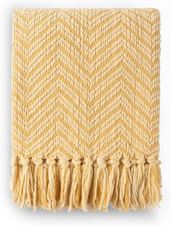 BATTILO HOME Gold Throw Blanket for Couch, Fall Decor Blankets & Throws, Fall Throw Blanket for Autumn Halloween Decoration, Yellow Blanket with Tassels for Bed Sofa, 50"x60"