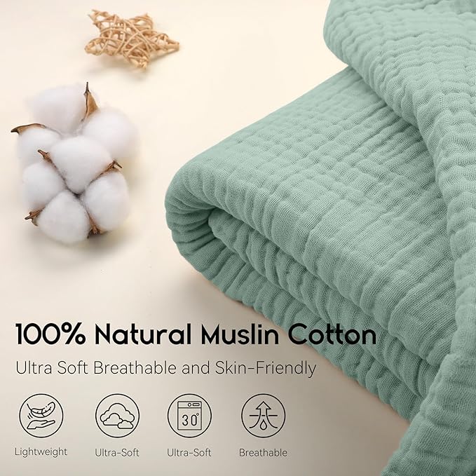 Yoofoss Muslin Blanket 100% Cotton Throw Large 50" x 60" for Bed Couch Summer Gauze Blanket for Adults Lightweight and Breathable Dark Green