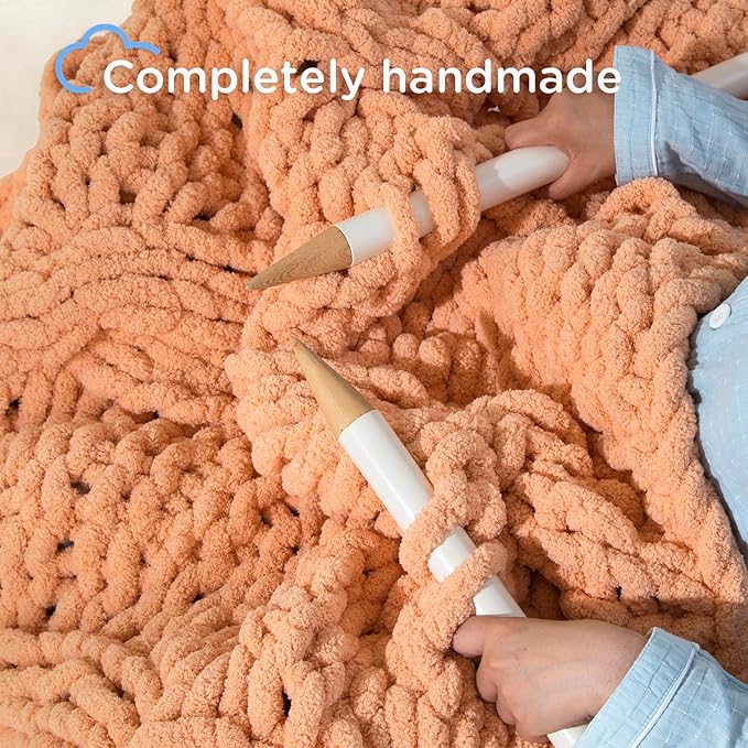Chunky Knit Blanket Throw - 100% Hand Knitted Chunky Throw Blanket for Couch, Thick and Warm Blanket for Winter, Light Yellow, 50x60 Inches