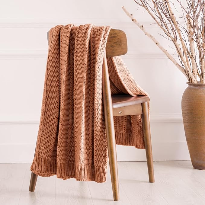 RECYCO Cable Knit Burnt Orange Throw Blanket for Couch, Super Soft Warm Cozy Decorative Knitted Throw Blanket 2.3LB for Bed, Sofa, Chair 50"x60"