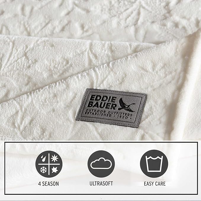 Eddie Bauer - Throw Blanket, Embossed Ultra Soft Plush Bedding, Home Decor for All Seasons, Oeko-Tex Certified (Woodblock Floral White, 50" x 70")