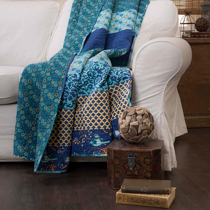 Lush Decor Royal Empire Reversible Cotton Throw Blanket, 50" W x 60" L, Peacock - Colorful Boho Patterns - Blue Throw - Fall Quilted Throw - Bohemian Striped Cotton Blanket For Bed, Couch, Or Chair