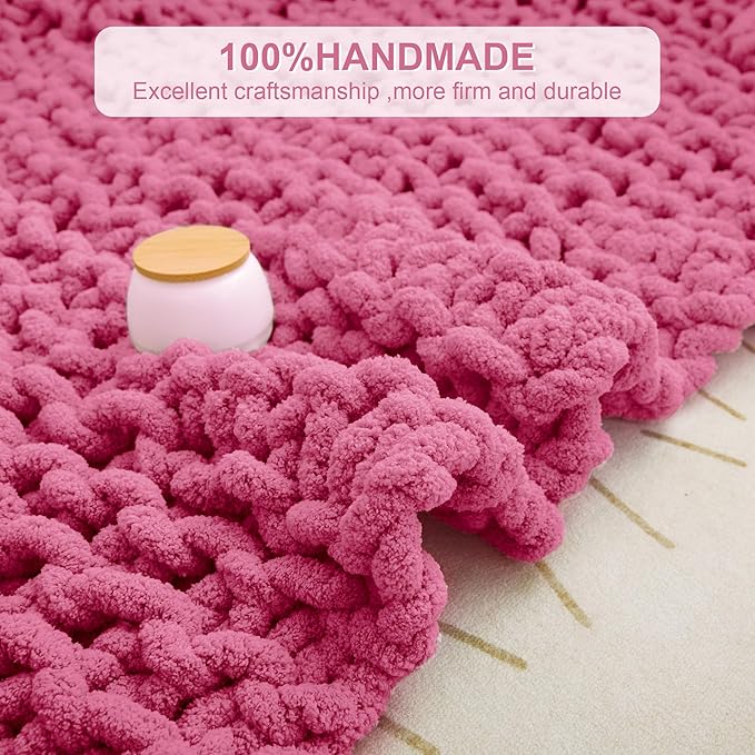 Knit Blanket 50"x60" Rose Cream Soft Washable Chenille Throw Blanket Cozy 100% Handmade Crochet Blankets with Jumbo Chenille Yarn for Couch Bed Sofa Room Decor