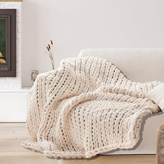 Cream White Throw Blanket, 50" x 60" Chunky Knit Blanket, Handmade Warm & Soft Chenille Throw Blanket, Washable Decorative Knit Blanket with Jumbo Chenille Yarn for Couch Bed Sofa