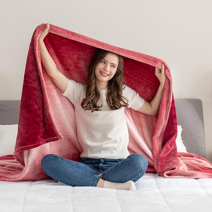 Berkshire Blanket-Classic Heavyweight Soft Printed VelvetLoft® Plush Blanket, Full/Queen Size Soft Fuzzy Warm Blanket for Couch Sofa Bed, Ombre Burgundy, 90in x 90in