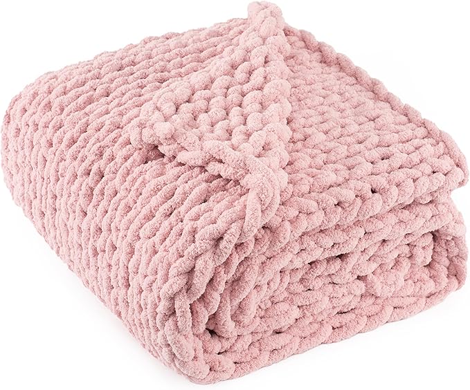 Chunky Knit Throw Blanket 50"X 60", 100% Handmade with Soft Chenille Yarn, 4.4lbs Thick Cable Knitted Blankets, Large Rope Knot Crochet Throws for Couch Sofa Bed Home Decor, Dusty Pink