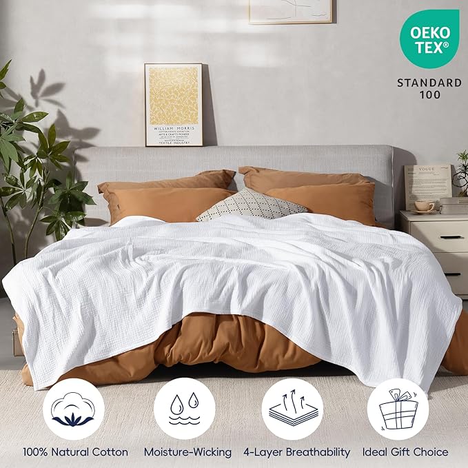 PHF 100% Cotton Muslin Blanket Twin Size 66" x 90", 4-Layer Lightweight and Breathable Blanket for Summer, Luxuriously Soft Gauze Bedding for Bed, Natural Minimalism Style, Ideal Gift, White