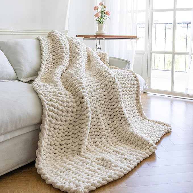 Chunky Knit Blanket - Luxury Soft Cozy King Size(60 * 80) Throw Blanket,100% Woven Blanket Rope Knot Throw Blanket for Couch, Sofa, Home Decor, Gift - Machine Washable(Cream)