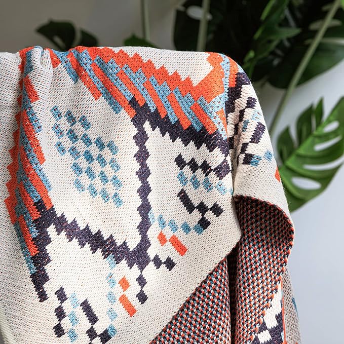 Blue Throw Blanket, Knitted Boho Throw Blankets with Tassels, Soft Colorful Throw Blanket for Sofa Couch Bed and Living Room, Blue&Orange (50x60 Inch)