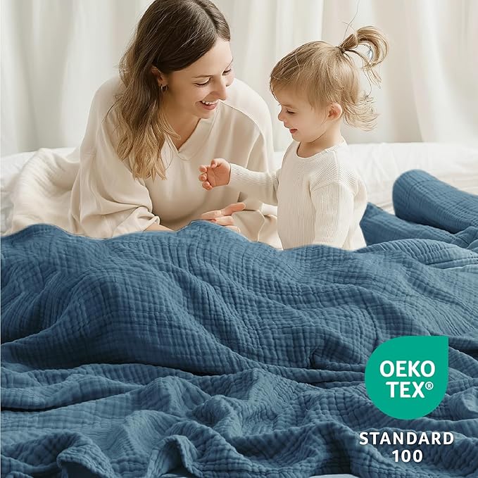 100% Cotton Muslin Blanket King 108" x 90", 6 Layers Breathable and Lightweight Cotton Throw Blanket for Bed, Soft Quilt Bedspread Coverlet, Gauze Blanket for Adults All Season, Blue