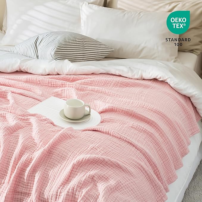 Carriediosa 100% Cotton Muslin Throw Blanket 50" X 70" Throw XL Size,4-Layers Summer Gauze Throws for Bed Couch,Soft Lightweight Breathable Linen Blankets Bedspread for Adults All Season,Dusty Pink