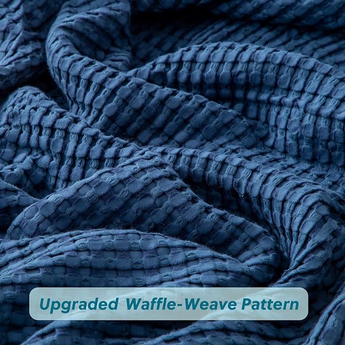 Bedsure Cooling Cotton Waffle Queen Size Blanket - Lightweight Breathable Summer Blanket of Rayon Derived from Bamboo for Hot Sleepers, Luxury Throws for Bed, Couch and Sofa, Navy, 90x90 Inches