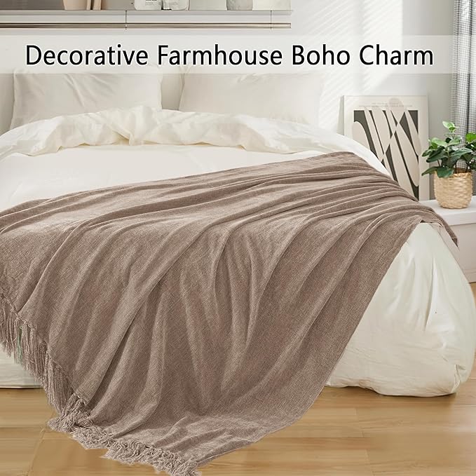 Chenille Throw Blanket for Couch 60"X 80" Twin, Soft Cozy Throws with Fringe Tassel for Bed Sofa Chair, Lightweight Knitted Decorative Farmhouse Boho Blankets for Gift, Taupe