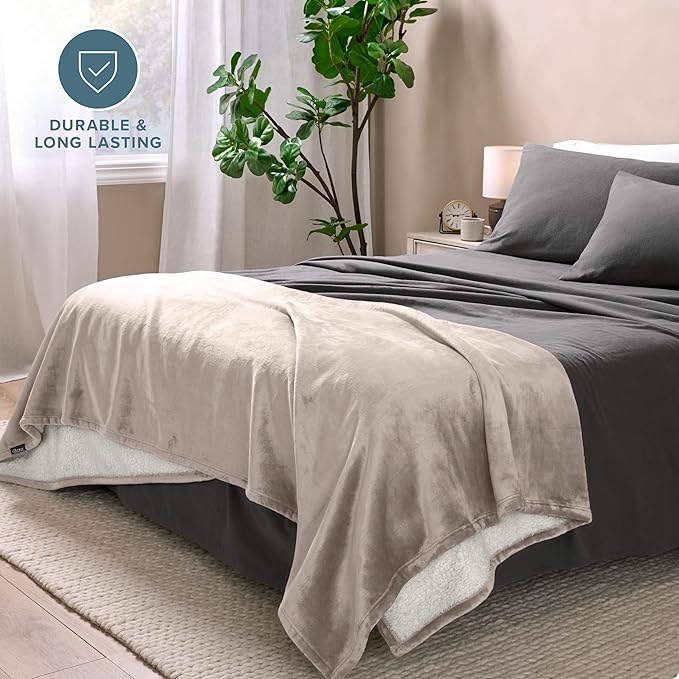 Bare Home Sherpa Fleece Blanket - Twin/Twin Extra Long - Blanket for Bed, Sofa, and Couch - Warm & Lightweight - Fluffy & Soft - Reversible (Twin/Twin XL, Light Taupe)