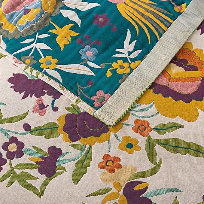 Soft Rustic Boho Quilt Fall Blanket, Farmhouse Decor, Floral Printed 100% Cotton Throw Blanket, Bohemian Style King Size Bed Blankets for All Seasons, Golden Phoenix,90"x98"