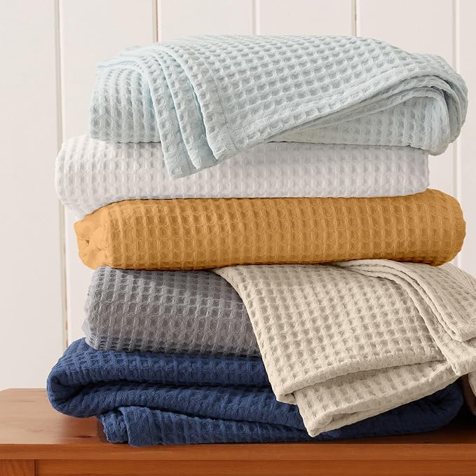 100% Cotton Waffle Weave Lightweight Summer Bed Blanket - Full Queen Size - 90x90in Prewashed Breathable, Layering Blanket (Pale Blue)