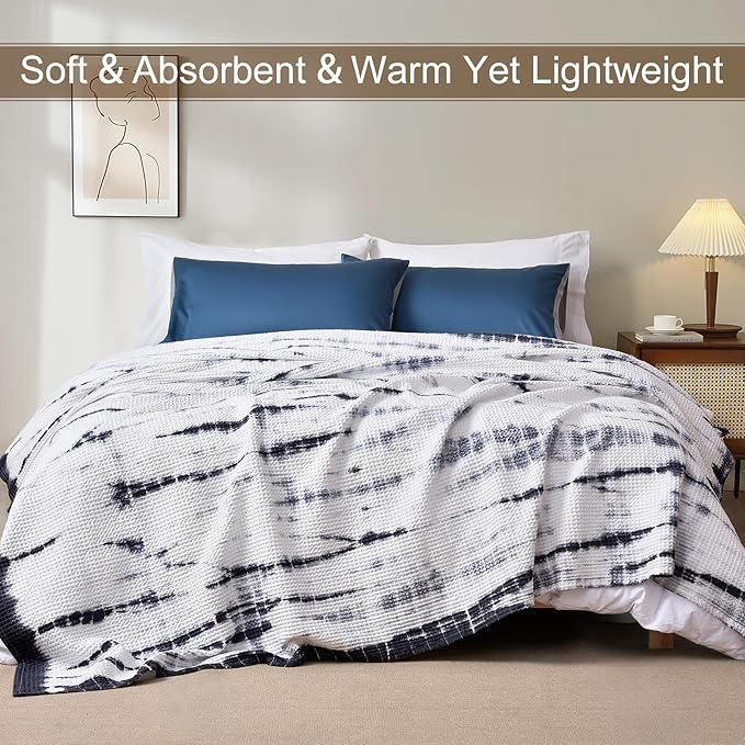 PHF 100% Cotton Tie-dye Waffle Weave Blanket King,Soft Breathable Skin-Friendly Durable Layering for All Season, Manual Elegant Delicate Pattern for Bed, Home Decor, Couch,Tie Dyed Charcoal, 104x90