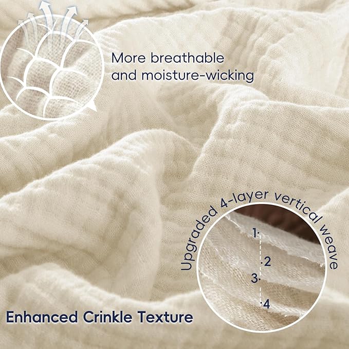 PHF 100% Cotton Muslin Throw Blanket 50" x 60", 4-Layer Lightweight and Breathable Blanket for Summer, Luxuriously Soft Gauze Throws for Couch, Natural Minimalism Style, Ideal Gift, Birch