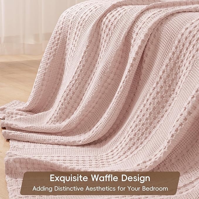 PHF 100% Cotton Waffle Weave Blanket King Size, Soft Lightweight Breathable Cozy Summer Blankets for Bed, Luxury Aesthetic Woven Bedding for Home Decor, 108"x90", Pink/Mauve