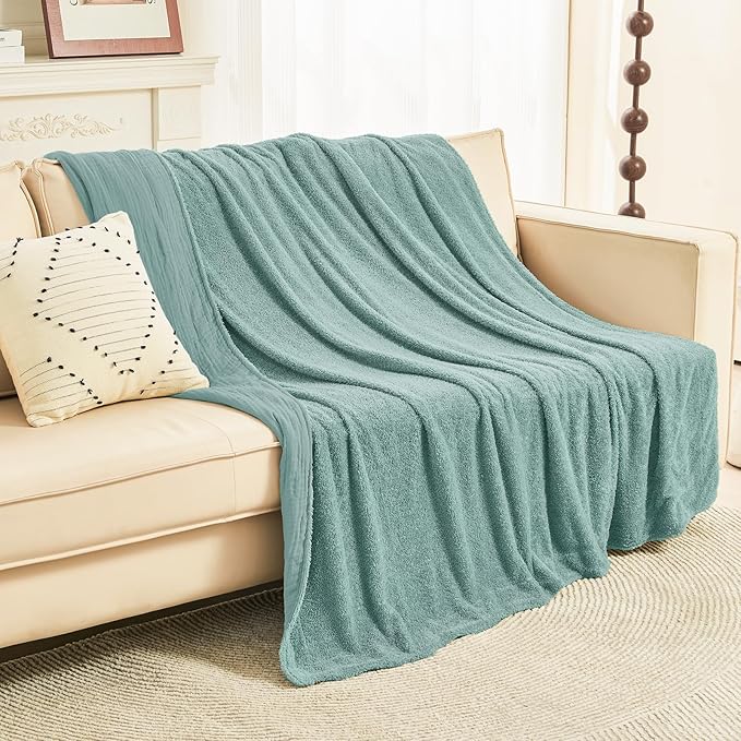 EMME Muslin Cotton Fleece Twin Blanket Reversible - 60"*80" Teal Soft Warm Throw Blankets for Couch Bed Picnic Travel Bed
